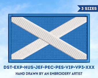 May include: A blue and white embroidered patch of the Scottish flag. The flag is a white X on a blue background. The text "DST-EXP-HUS-JEF-PEC-PES-VIP-VP3-XXX" is below the flag. The text "HAND DRAWN BY AN EMBROIDERY ARTIST" is below the first line of text. The text "Cusana Fi" is below the second line of text.