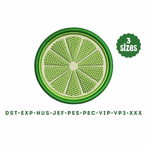 May include: Green lime slice embroidery design in three sizes.  The design is available in DST, EXP, HUS, JEF, PES, PEC, VIP, VP3, and XXX formats.