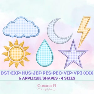 Peut inclure: Six formes d'appliqué en quatre tailles, comprenant un nuage, une lune, un éclair, un soleil, une goutte de pluie et une étoile. Les formes sont soulignées en bleu, jaune, violet et gris, et remplies d'un motif vichy dans différentes couleurs.