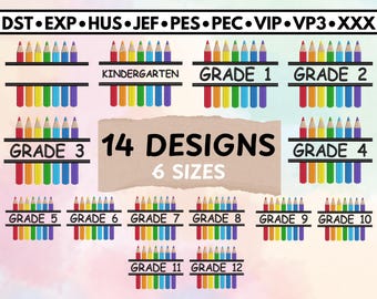 Back To School Split Color Pencils Bundle | Machine Embroidery Design | Kindergarten | Grades 1-12 | Blank | Instant File Download | 6 Sizes