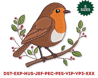 May include: Embroidered design of a brown and orange robin perched on a branch with green leaves and red berries. The design is available in five sizes and comes in formats including DST, EXP, HUS, JEF, PEC, PES, VIP, VP3, and XXX.