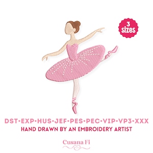 Puede incluir: Diseño de bordado de bailarina rosa en tres tamaños. El diseño está dibujado a mano por un artista de bordado. El diseño incluye una bailarina con un tutú rosa con la pierna levantada en una pose de ballet.