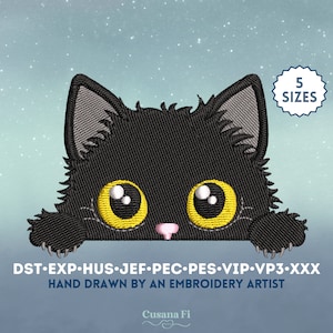 ポケットから覗く楽しい黒猫の機械刺繍デザイン | ファイルの即時ダウンロード | 5 サイズ