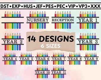School Split Colour Pencils Bundle | Machine Embroidery Design | Nursery, Reception, Years 1 - 11, Blank | Instant File Download | 6 Sizes