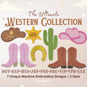 Collezione Western / File di ricamo a macchina / Download istantaneo / Cactus / Ferro di cavallo / Distintivo dello sceriffo / Cappello e stivali da cowboy e cowgirl