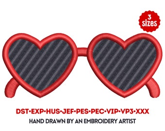 Heart Shaped Sunglasses Machine Embroidery Design - 3 Sizes Instant Download