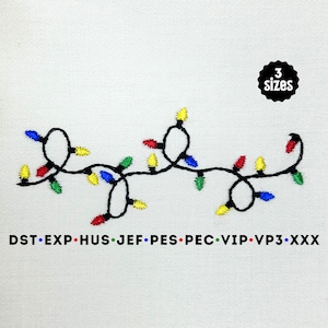 May include: A string of colorful Christmas lights with red, yellow, blue, and green bulbs. The lights are strung together with black thread. The image includes the text "3 sizes" and "DST EXP-HUS JEF PES PEC VIP-VP3-XXX".
