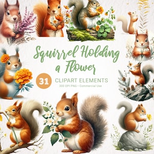 Pacchetto clipart acquerello scoiattolo e fiori - 31 immagini PNG di alta qualità, arte ispirata alla natura per uso commerciale, download istantaneo