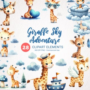 Baby Junge Kinderzimmer Aquarell Clipart - Giraffe Pilot PNG, Babyparty-Tierwand-Dekor, Baby Giraffe Clip Art