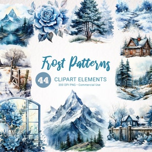 Paquete de imágenes prediseñadas de acuarela de patrones de escarcha - 44 imágenes PNG de escenas mágicas de invierno y heladas para uso comercial de descarga instantánea