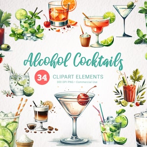 Clipart ad acquerello di cocktail alcolici - 34 PNG di grandi dimensioni, illustrazioni di bevande trasparenti e di alta qualità per uso commerciale