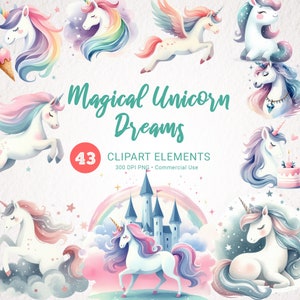 Unicórnio Aquarela Clipart - Cute Rainbow Unicorns PNG, Baby Girl Birthday Clip Art
