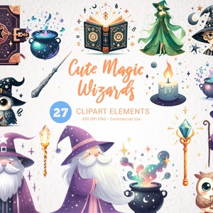 Magie Zauberer Aquarell Clipart Bundle - 27 PNG Bilder, Zauberer & Verzauberung Themen für kommerzielle Nutzung - sofortiger Download