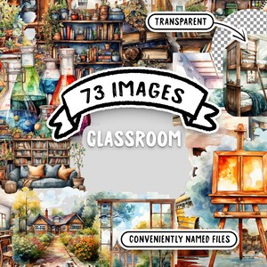 Classroom Aquarelle Clipart Bundle - 73 images PNG de haute qualité, illustrations éducatives transparentes, téléchargement numérique pour un usage commercial