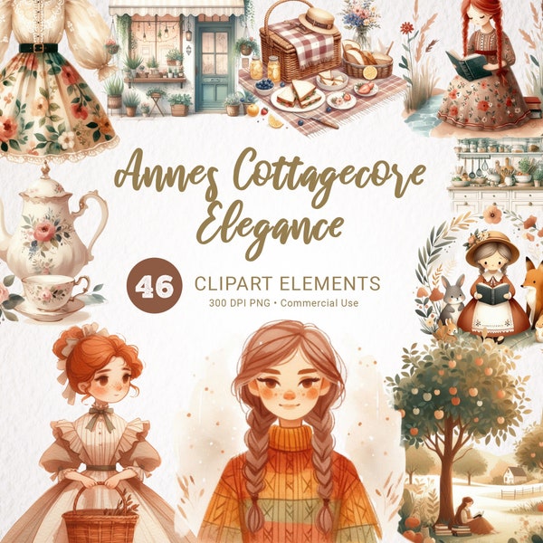 Anne of Green Gables Clipart Bundle - Cottagecore Digital Stickers, Vintage Fashion Scrapbooking, Frilly Dresses PNG with Transparent
