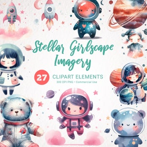 Imágenes Prediseñadas de acuarela de chica espacial - lindo astronauta PNG, arte de planetas femeninos, decoración de cohetes de guardería, imágenes prediseñadas espaciales para niños