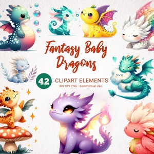 Fantasy Baby Dragons Watercolor Clipart Bundle - 42 Transparent PNG Images, High Quality Digital Download for Commercial Use