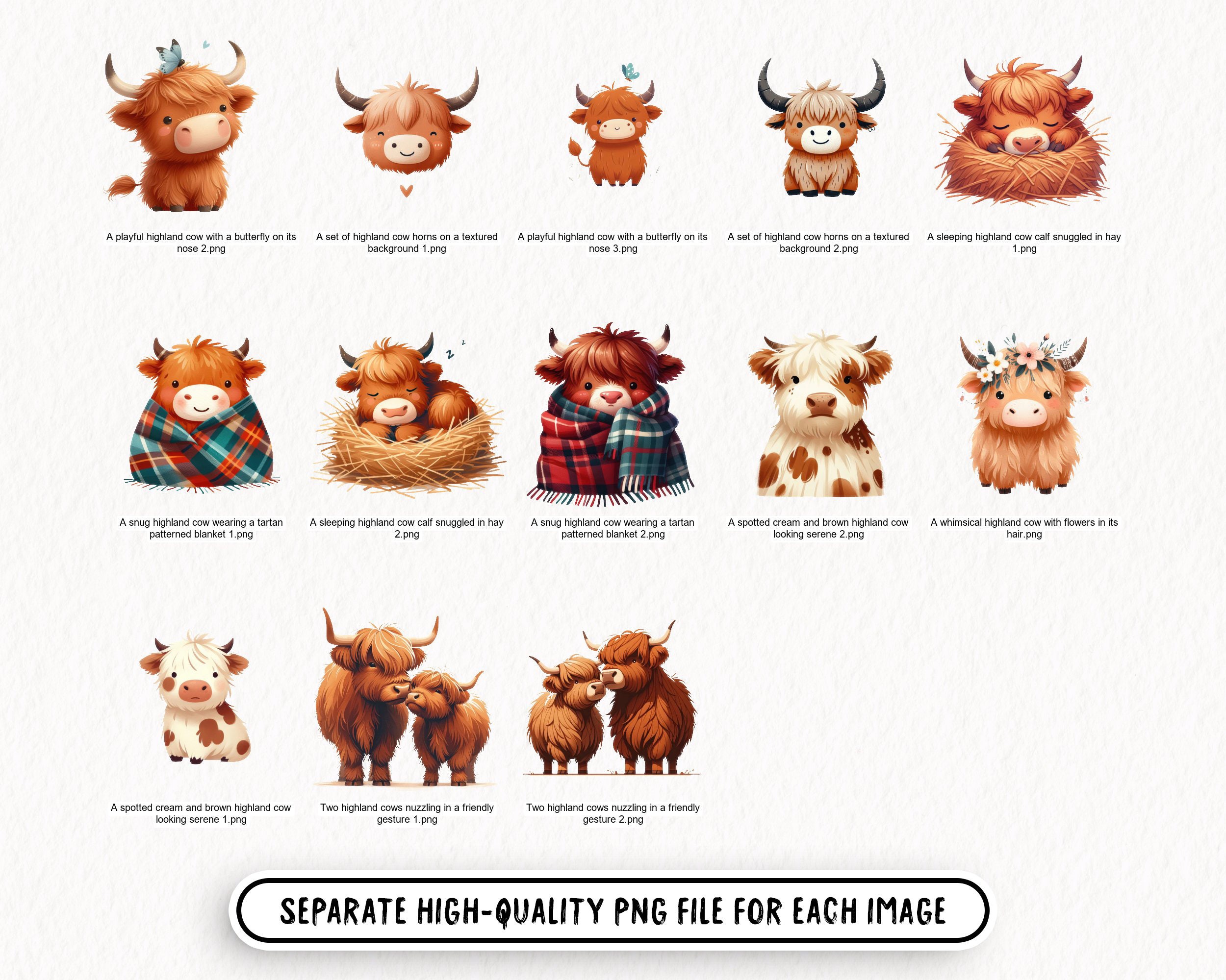Highland Cow Watercolor Clipart Bundle - 28 Cute Transparent PNG Images ...