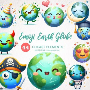 Emoji Earth Globe aquarel clipart bundel - 44 HQ transparante PNG-afbeeldingen, eclectische en grillige Earth Emoji's voor digitale download