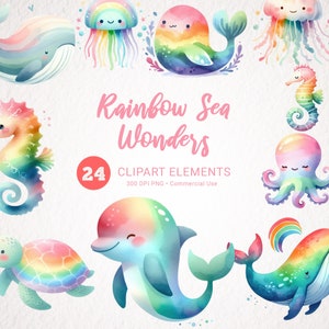 Unterwasser Aquarell Clipart - niedliche Meerestiere, Regenbogen Wal, Qualle, Schildkröte, Krake - Kinderzimmer Dekoration, Unterwasser Clipart