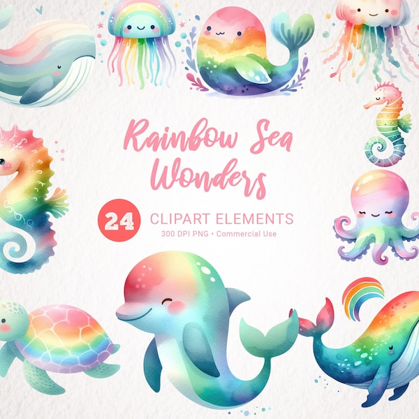 Undersea Watercolor Clipart - Cute Ocean Animals, Rainbow Whale, Jellyfish, Turtle, Octopus - Nursery Decor, Under the Sea Clipart