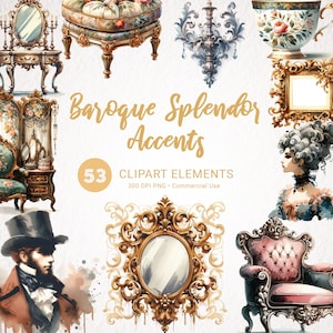 Pacote de clipart em aquarela vintage barroco - móveis, relógio, gráficos de perfume para scrapbooking, diário de lixo e artesanato em papel