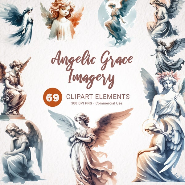 Watercolor Angel Statues Clipart Bundle, Angels PNG, Junk Journal Graphics, Scrapbooking Paper Crafts, Heavenly Clip Art Download