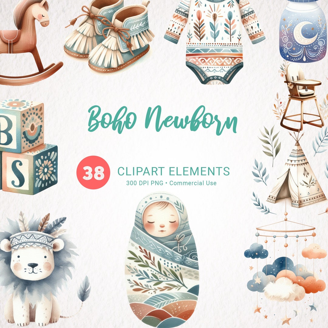 Boho Baby Shower Clipart - Watercolor Newborn Kids PNG Files - Digital ...
