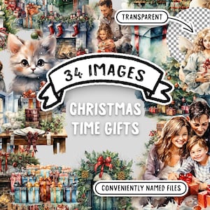 Kersttijd geschenken aquarel clipart - 34 PNG grote bundel, transparante afbeeldingen voor vakantie decor & ambachten, Instant Download commercieel gebruik