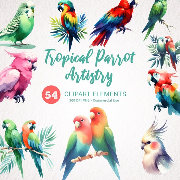 Tropical Parrot Clipart - Watercolor Parrots PNG, Exotic Birds Watercolor Clip Art for Invitations & Crafts