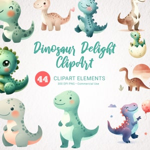 Dinosaur Watercolor Clipart - Cute Dino PNG, T-Rex Clip Art, Neutral Nursery Decor Dinosaurs