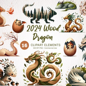 Pacchetto clipart acquerello drago di legno 2024 - 16 immagini PNG trasparenti di creature fantasy per uso commerciale, download digitale