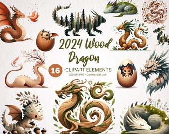 2024 Wood Dragon Watercolor Clipart Bundle - 16 Transparent Fantasy Creature PNG Images for Commercial Use, Digital Download