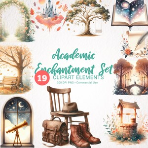 Aquarell Light Academia Clipart Bundle - Laternen, Historische Gebäude, Fantasy, Mystery Design, Skulpturen PNG