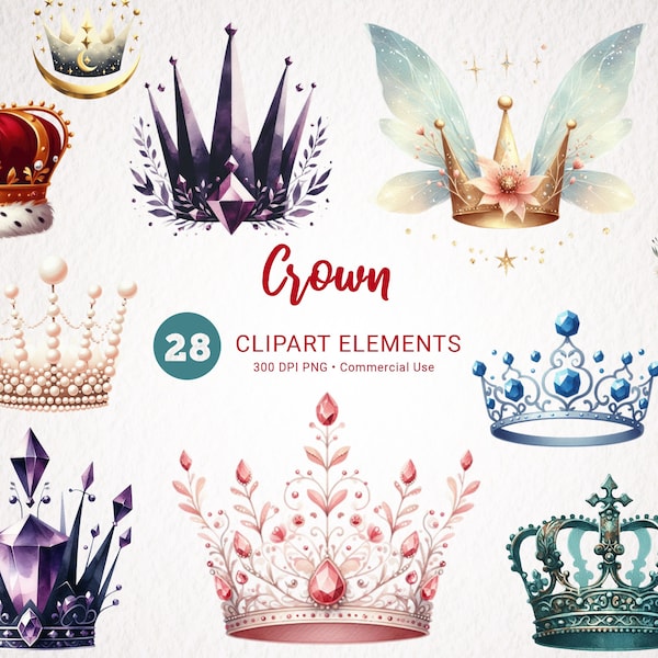 Crown Watercolor Clipart Bundle - 28 Royal PNG Images, High Quality Transparent Crowns for Commercial Use, Instant Download