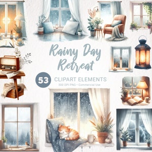 May include: A set of 53 watercolor clipart elements featuring cozy rainy day scenes. The illustrations include windows with rain, a cat napping on a window seat, a lit lantern, a book and a cup of coffee on a windowsill, and a radio on a table. The text "Rainy Day Retreat" is featured in the center of the image.