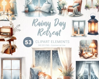 Cozy Cottagecore Watercolor Clipart, Rainy Day Window Reading Nook, Pluviophile Cozy Corner, Gloomy Weather PNG Bundle, Reading Corner