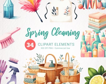 Spring Cleaning Watercolor Clipart Bundle - 34 Transparent PNG Images, High-Quality Organizing & Cleaning Supplies Art for Commercial Use