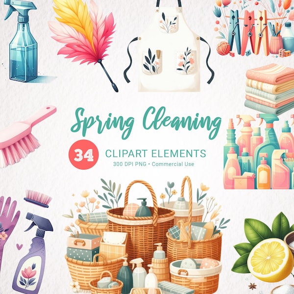 Spring Cleaning Watercolor Clipart Bundle - 34 Transparent PNG Images, High-Quality Organizing & Cleaning Supplies Art for Commercial Use