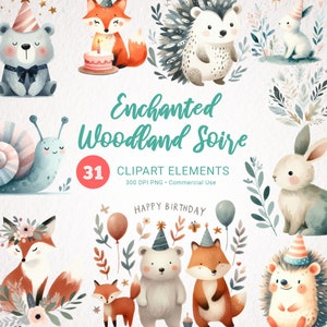Clipart fête d'anniversaire des bois, aquarelle animaux de la forêt, pique-nique déco chambre d'enfant, téléchargement numérique créatures des bois
