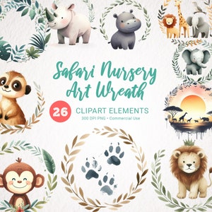 Safari Tiere Aquarell Clipart Kranz - Dschungel Rahmen PNG - Kinderzimmer Dekor - Baby Dusche Safari Thema - Sofort Download