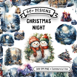 Bundle de cliparts aquarelle nuit de Noël - 68 fichiers PNG de haute qualité, scènes de vacances, images transparentes à usage commercial