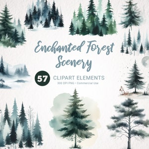 Foresta Clipart PNG Pino albero acquerello Clipart Download immediato - Arte del paesaggio, bellissimi alberi PNG, Clipart dell'albero