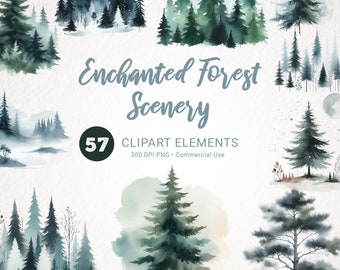 Forest Clipart PNG Pine Tree Watercolor Clipart Instant Download - Landscape Art, Beautiful Trees PNG, Tree Clipart