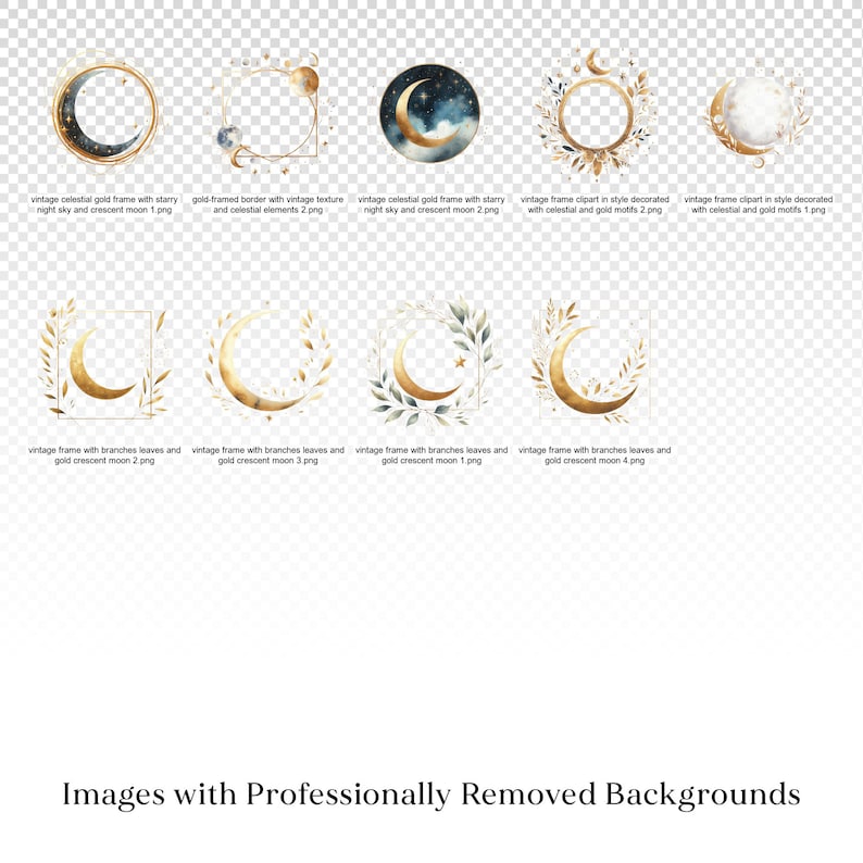 Vintage Moon Watercolor Clipart Bundle - Celestial Frame, Gold Black ...