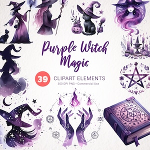 Witch Clipart Purple Magic PNG, Witches Scrapbook Elements, Junk Journal Supplies, Paper Crafts Scrapbooking Digital Download