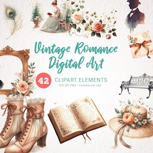 Paquete de imágenes prediseñadas de acuarela de Romance vintage - Regency Elizabeth Bennet, PNG victoriano, lectura, elementos de scrapbooking