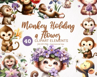 Monkey Flower Watercolor Clipart Bundle - 40 HQ Transparent PNGs for Commercial Use, Floral Monkey Digital Images, Instant Download