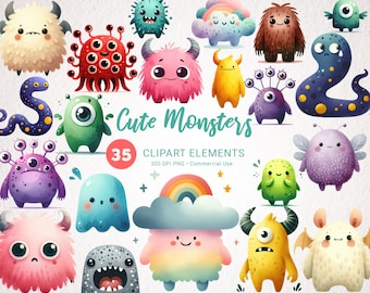 Cute Monsters Watercolor Clipart Bundle - 35 PNG Transparent Images - Kids Illustration, Digital Download, Commercial Use