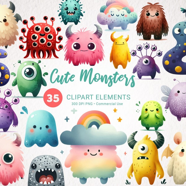 Bundle de cliparts aquarelle monstres mignons - 35 images PNG transparentes - Illustration pour enfants, téléchargement numérique, usage commercial